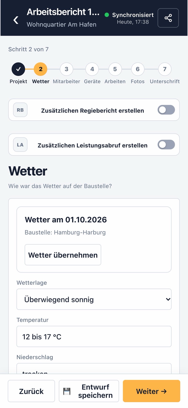 Schritt 2, Wetter: Wetter am 01.10.2026 für Hamburg-Harburg übernehmen, überwiegend sonnig, 12 bis 17 °C.