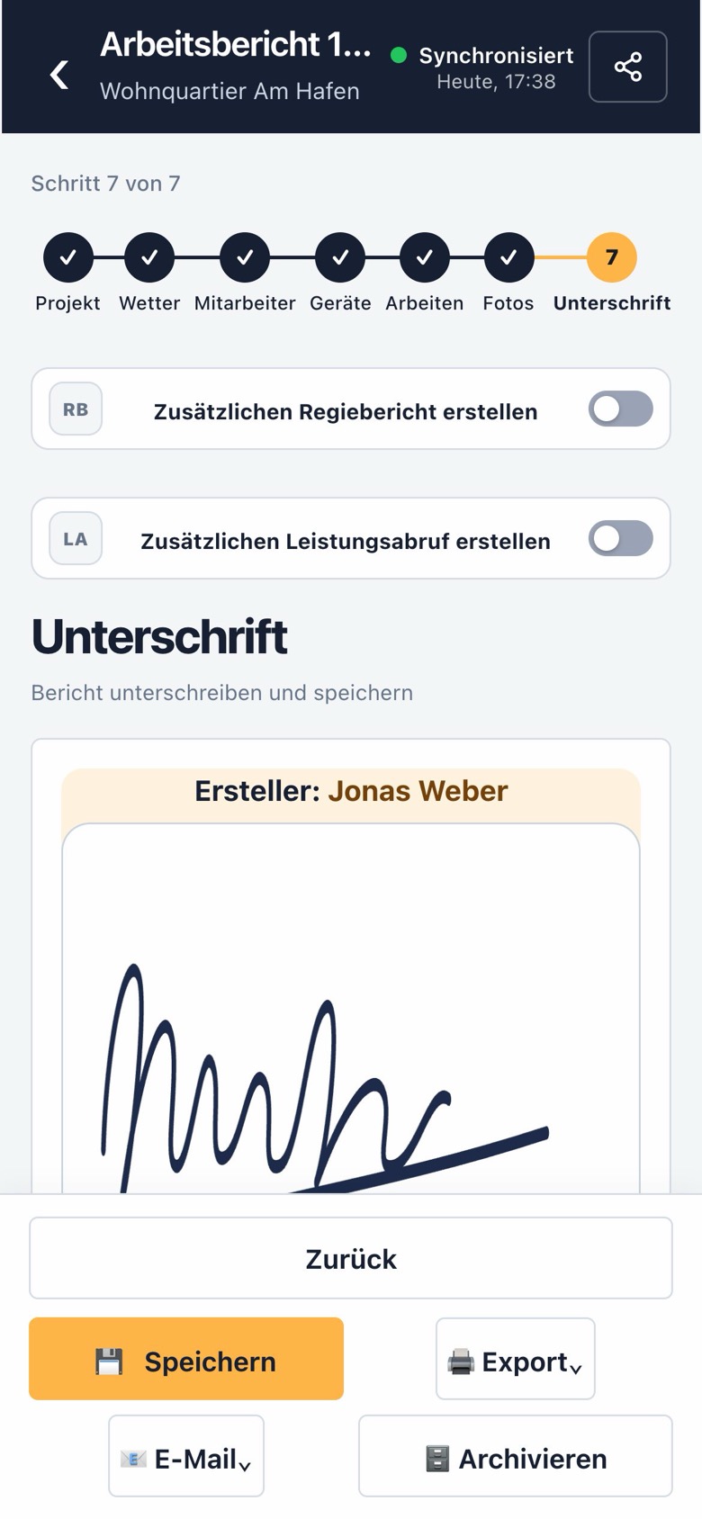 Schritt 7, Unterschrift: Ersteller Jonas Weber hat auf dem Handy unterschrieben.